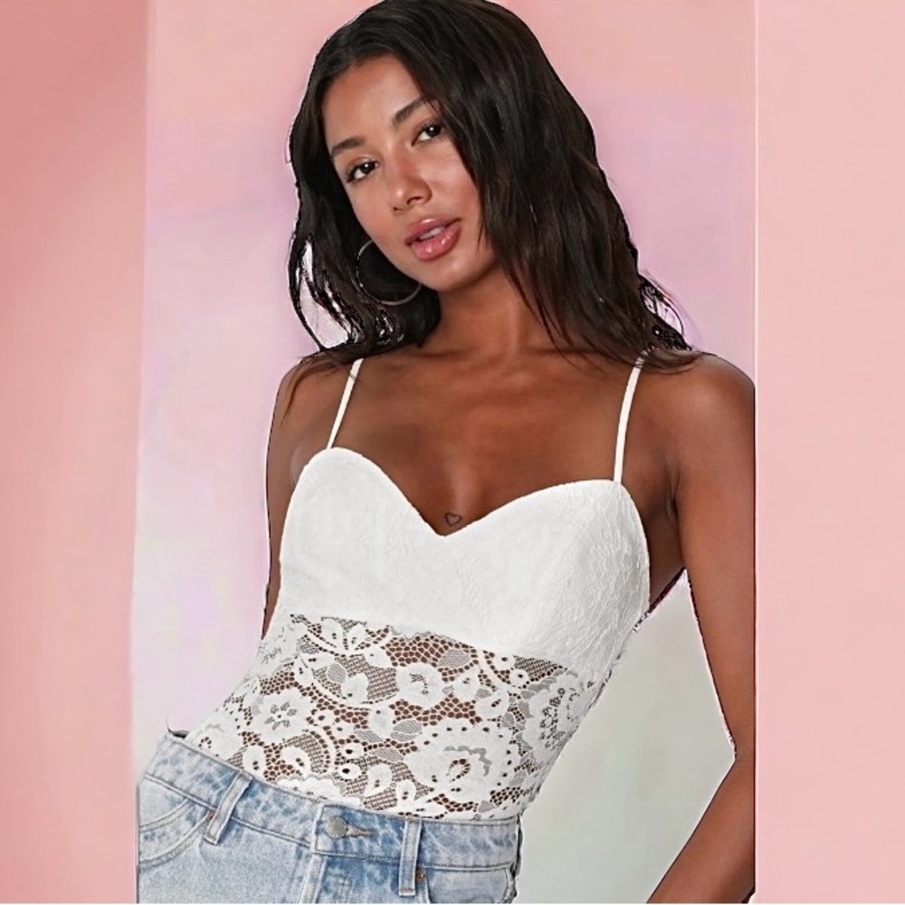 Lulu's White Lace Bodysuit with Sweetheart Neckline